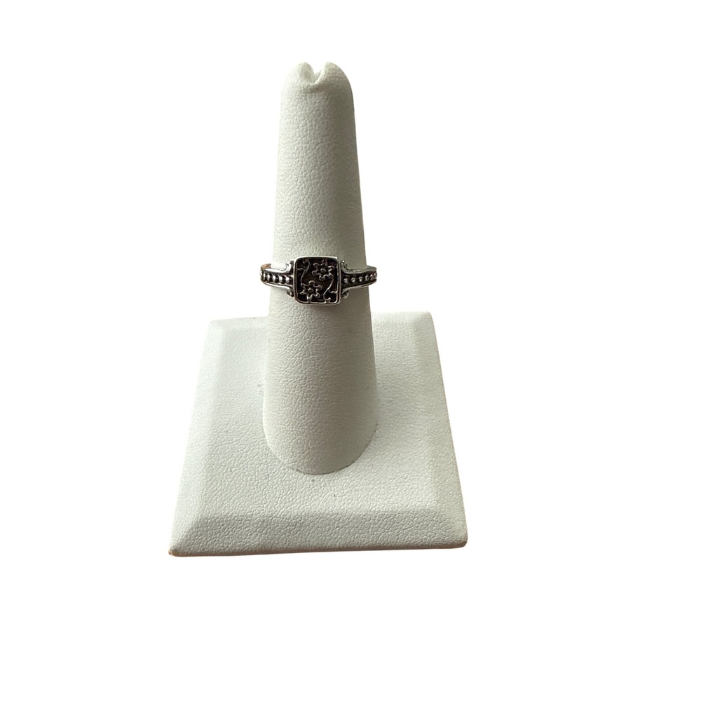 Silver Tone Floral Square Band Ring Antiqued Beaded Detail Size 7